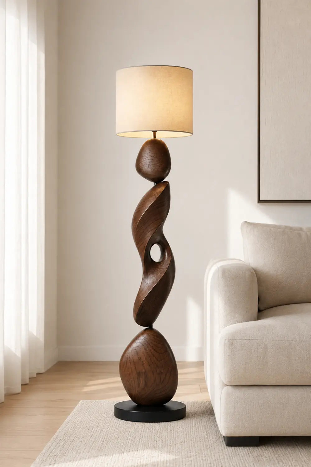 Sculptural Spiral Wood Floor Lamp Modern Abstract Walnut Design For Living Room