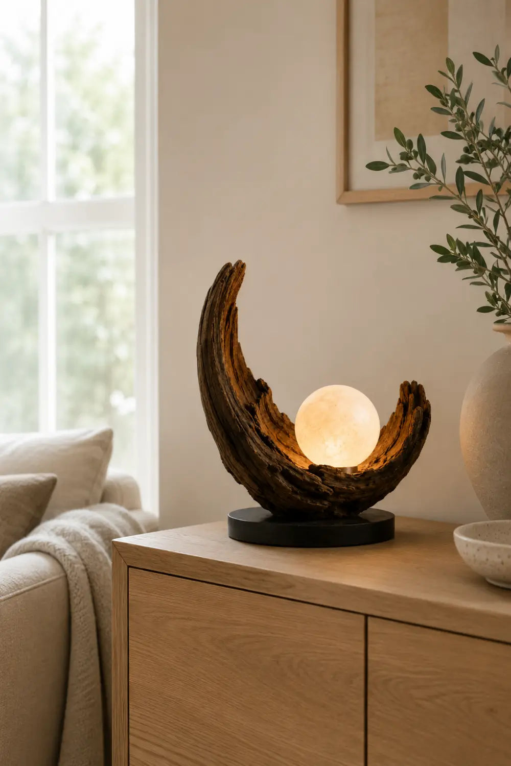 Abstract Wooden Sculpture Lamp Crescent Shape With Warm Light For Living Room