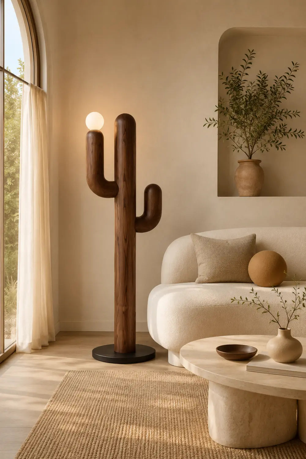 Modern Walnut Cactus Floor Lamp Minimalist Wooden Light Sculpture For Living Room Decor