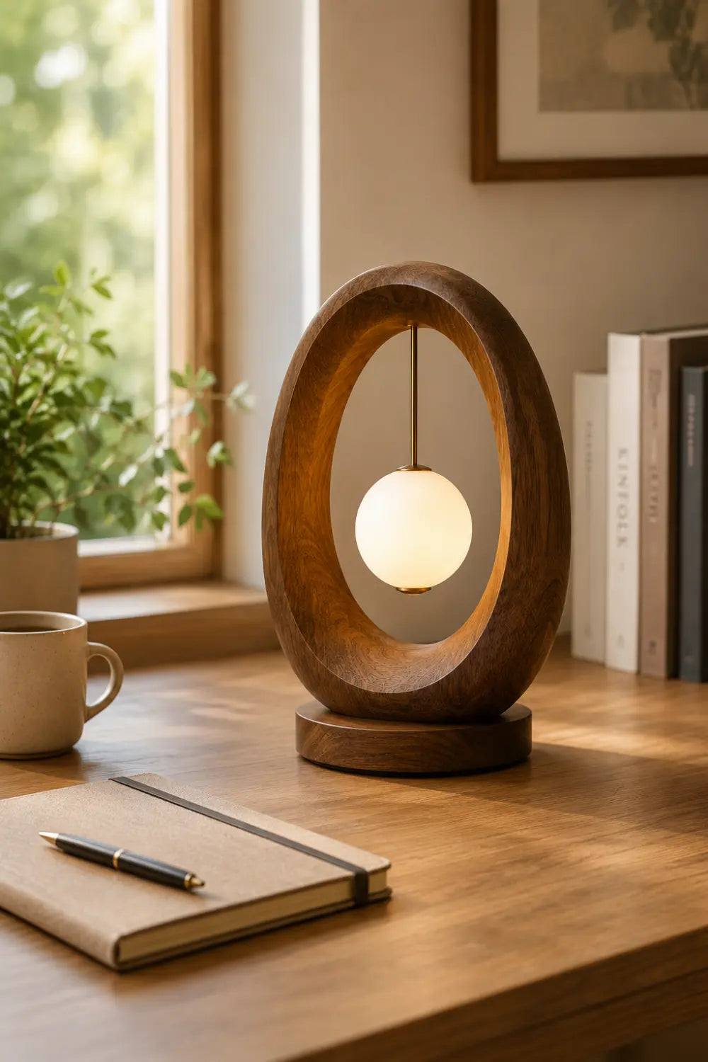 Minimalist Oval Wood Table Lamp | Elliptical Hanging Orb Desk Light For Space Decor