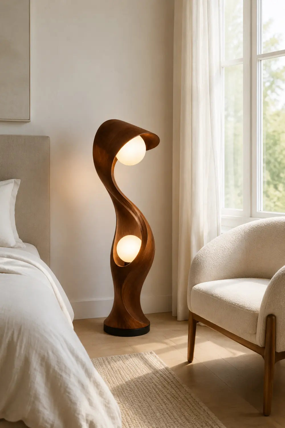 Modern Abstract Wood Floor Lamp With Dual Warm Light Spheres For Contemporary Living Rooms