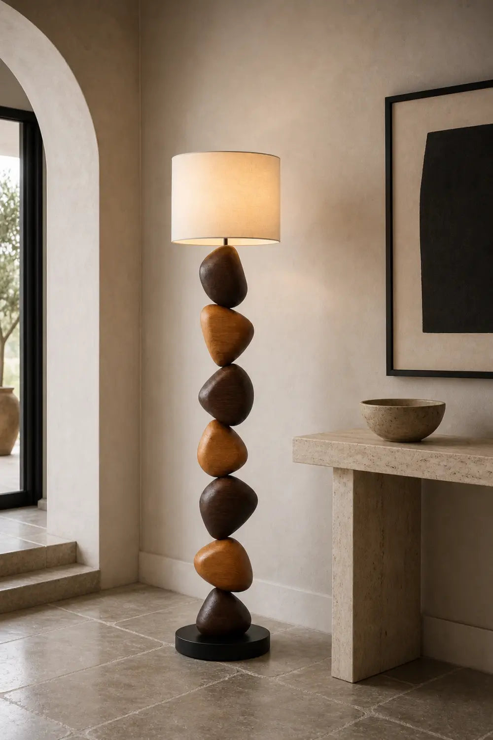 Modern Abstract Wood Floor Lamp With Stacked Pebble Design For Living Room Decor