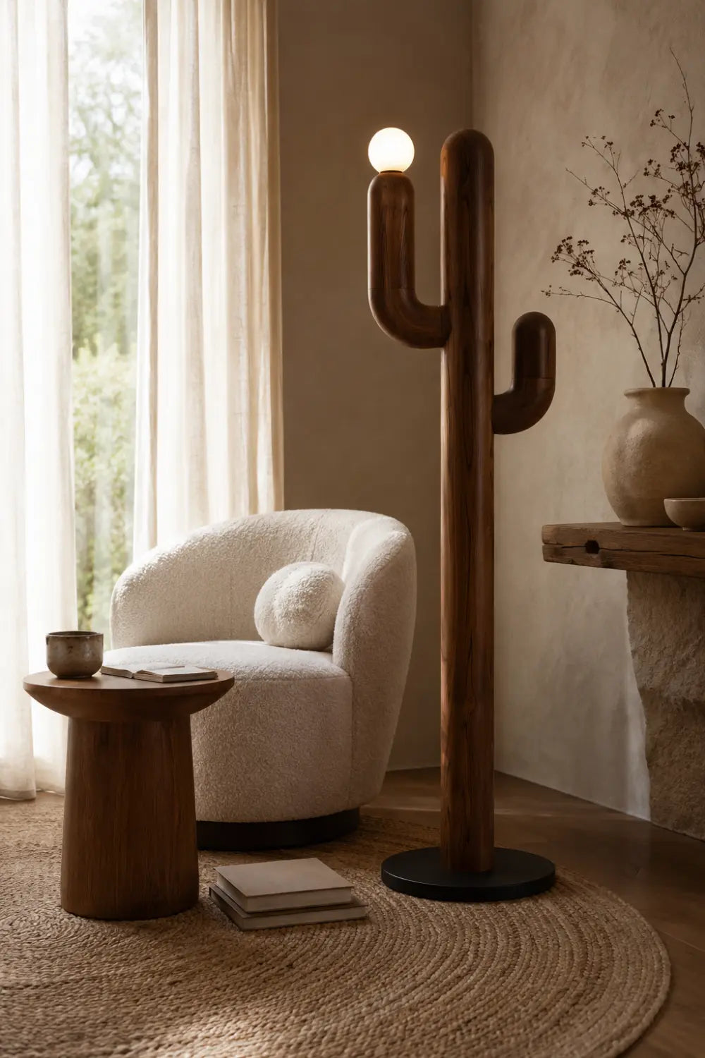 Modern Walnut Cactus Floor Lamp Minimalist Wooden Light Sculpture For Living Room Decor