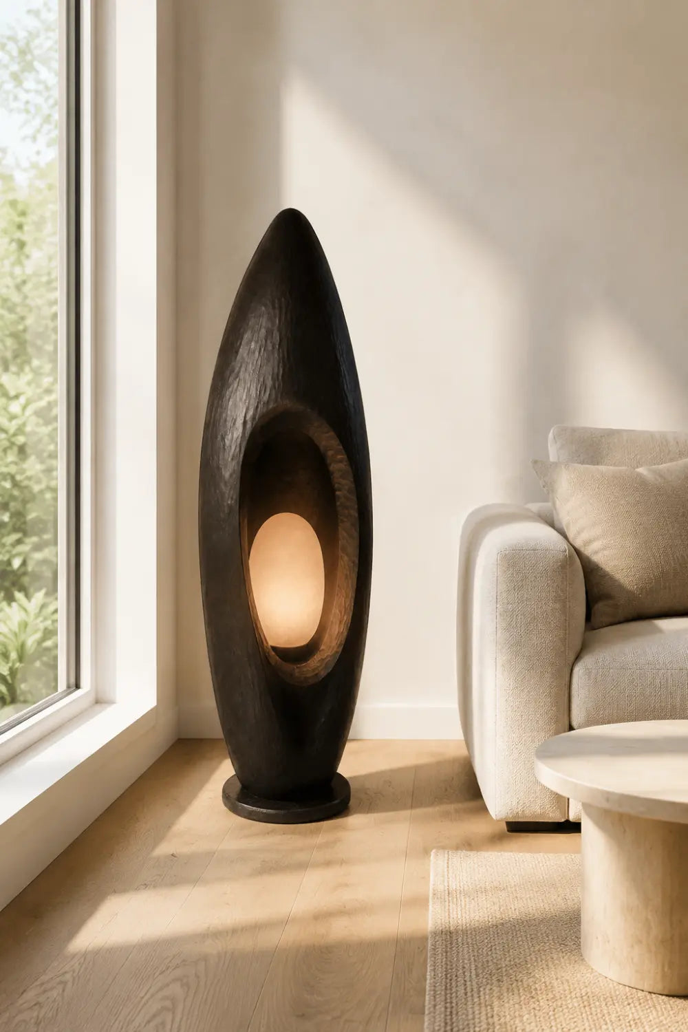 Hand Carved Walnut Floor Lamp Modern Abstract Wood Light Fixture For Living Room Decor
