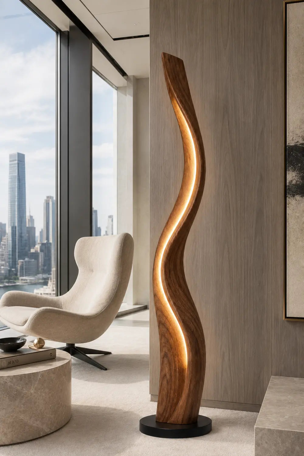 Organic Sculptural Wood Floor Lamp Twisted Design Warm White Light Home