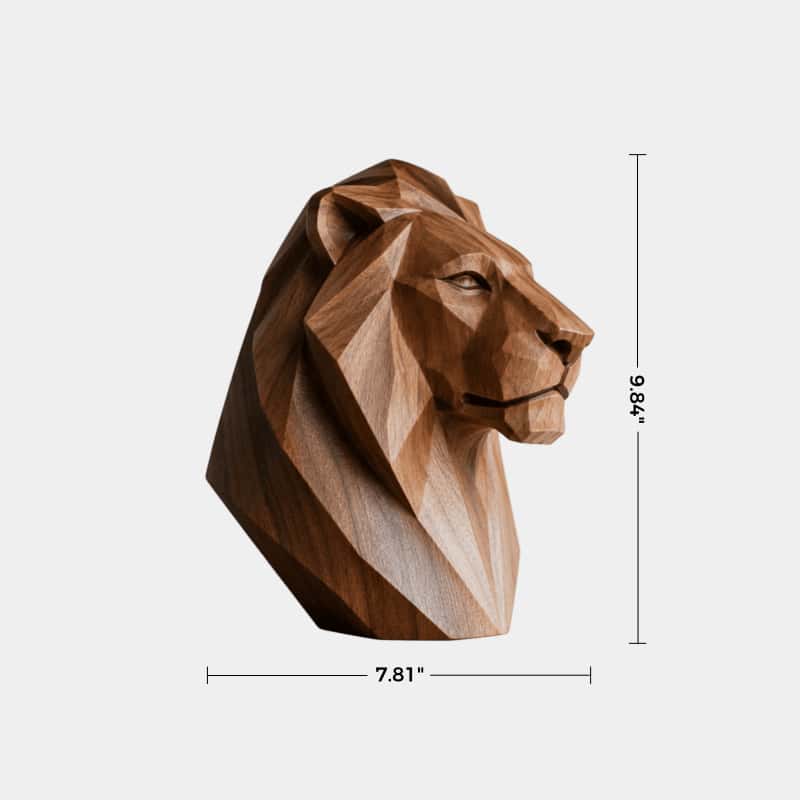 Hand-Carved Geometric Lion Head Sculpture In Walnut Wood For Modern Home Decor