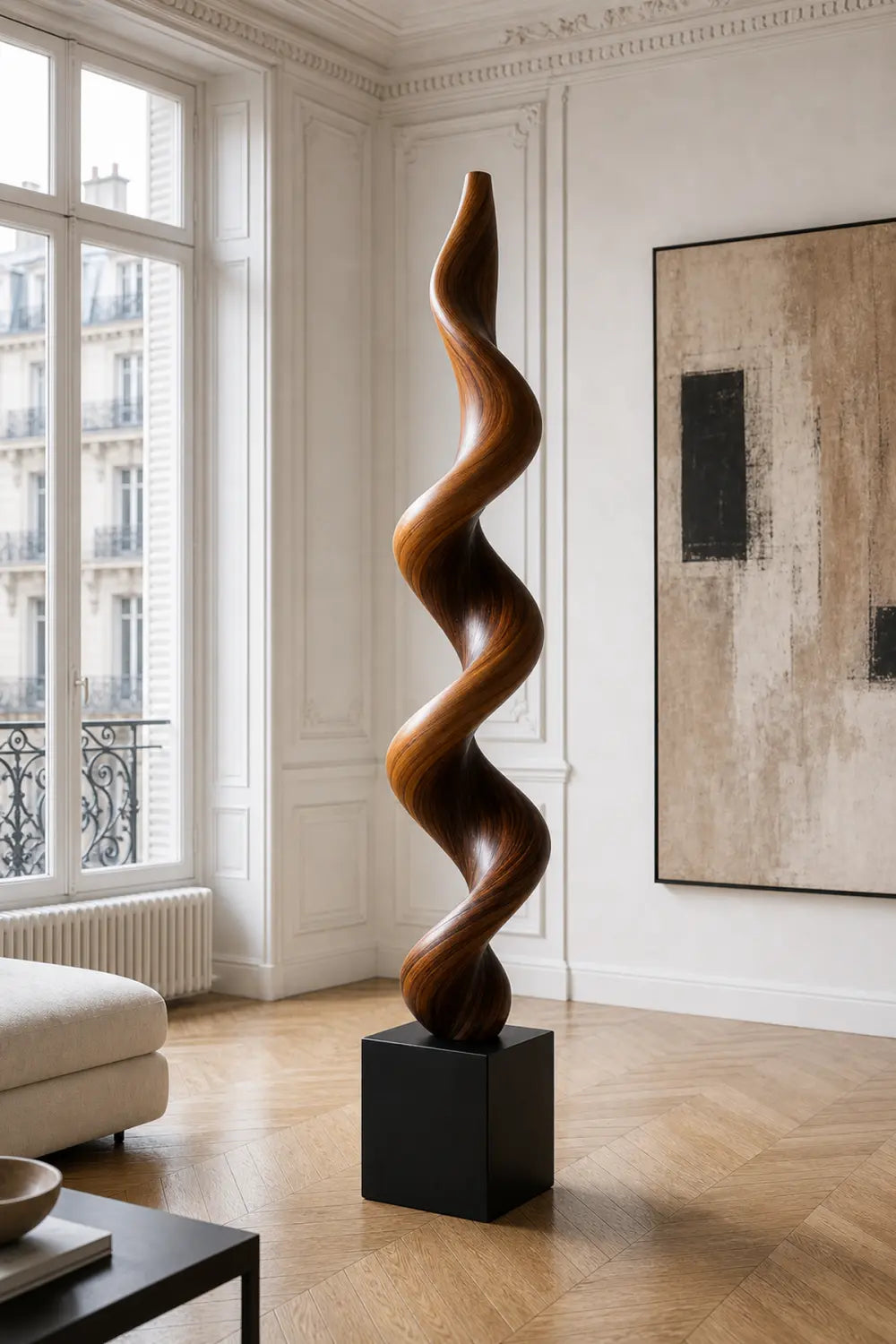 Large Hand-Carved Walnut Wood Spiral Sculpture For Modern Abstract Home Decor