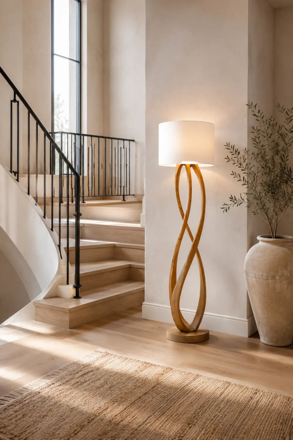 Sculptural Wooden Floor Lamp Abstract Twist Design Warm Light Fixture