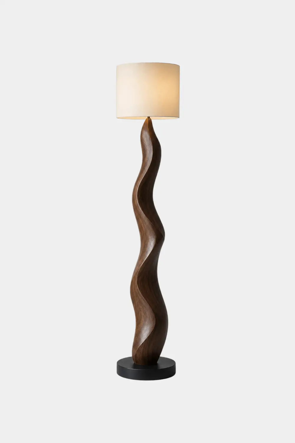 Abstract Wood Floor Lamp With Sinuous Carved Base And Linen Shade For Modern Living Rooms