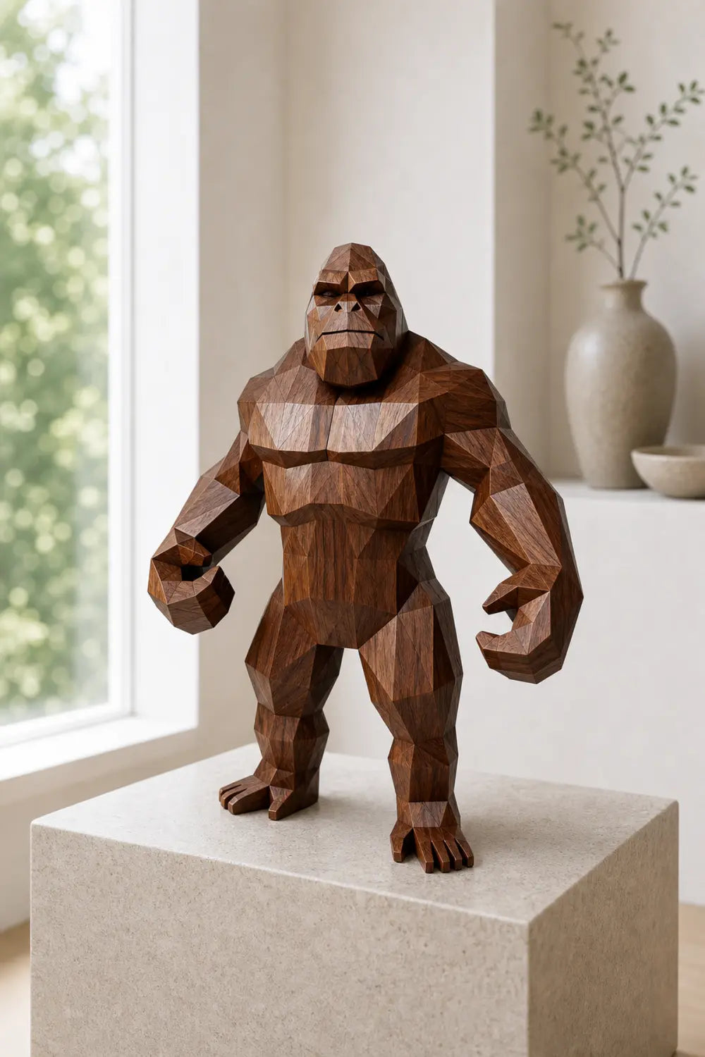 Hand Carved Wooden Gorilla Sculpture Modern Geometric Animal Decor For Living Room