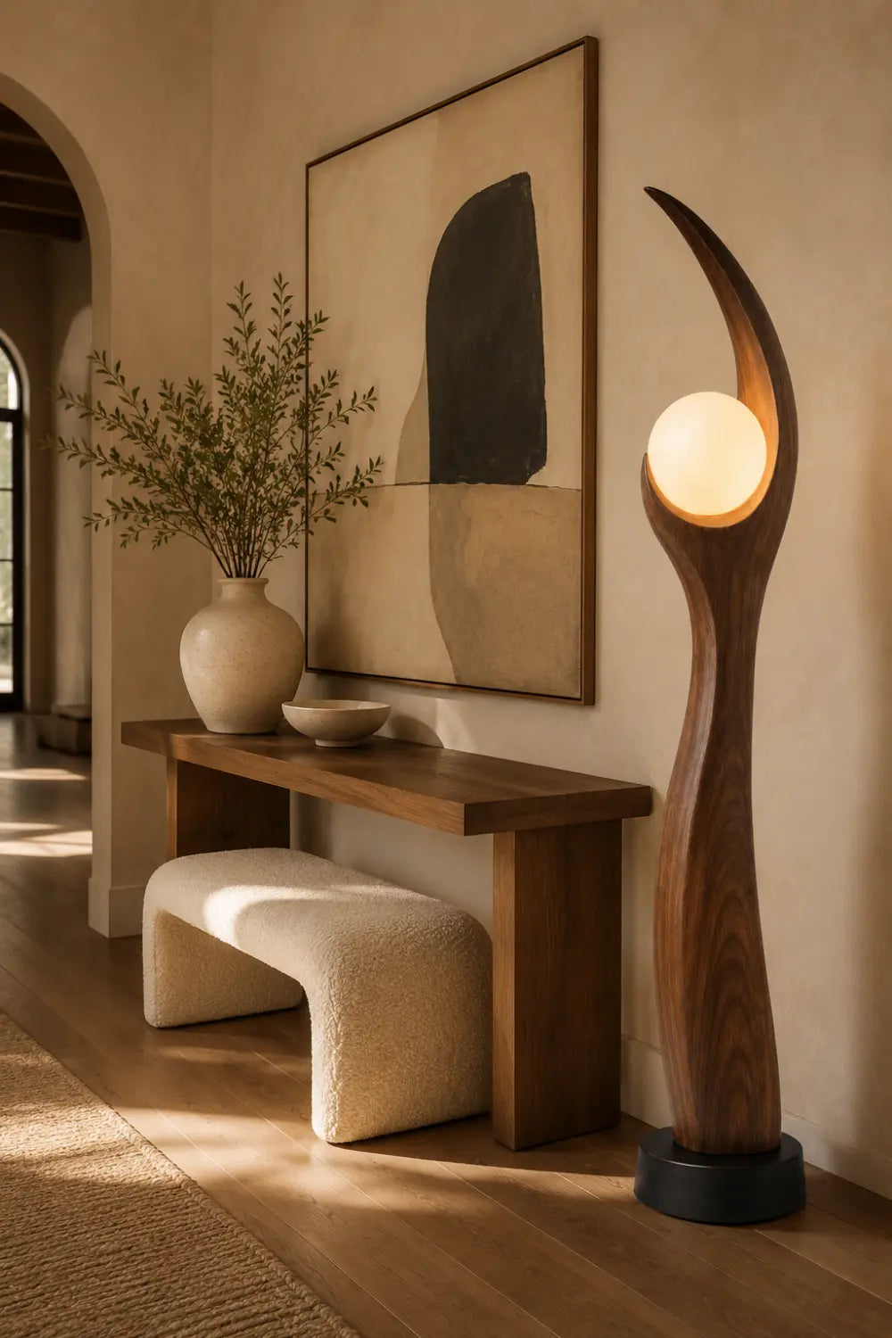 Sculptural Wooden Floor Lamp Blending Art And Function With Natural Grain Texture And Soft Illumination