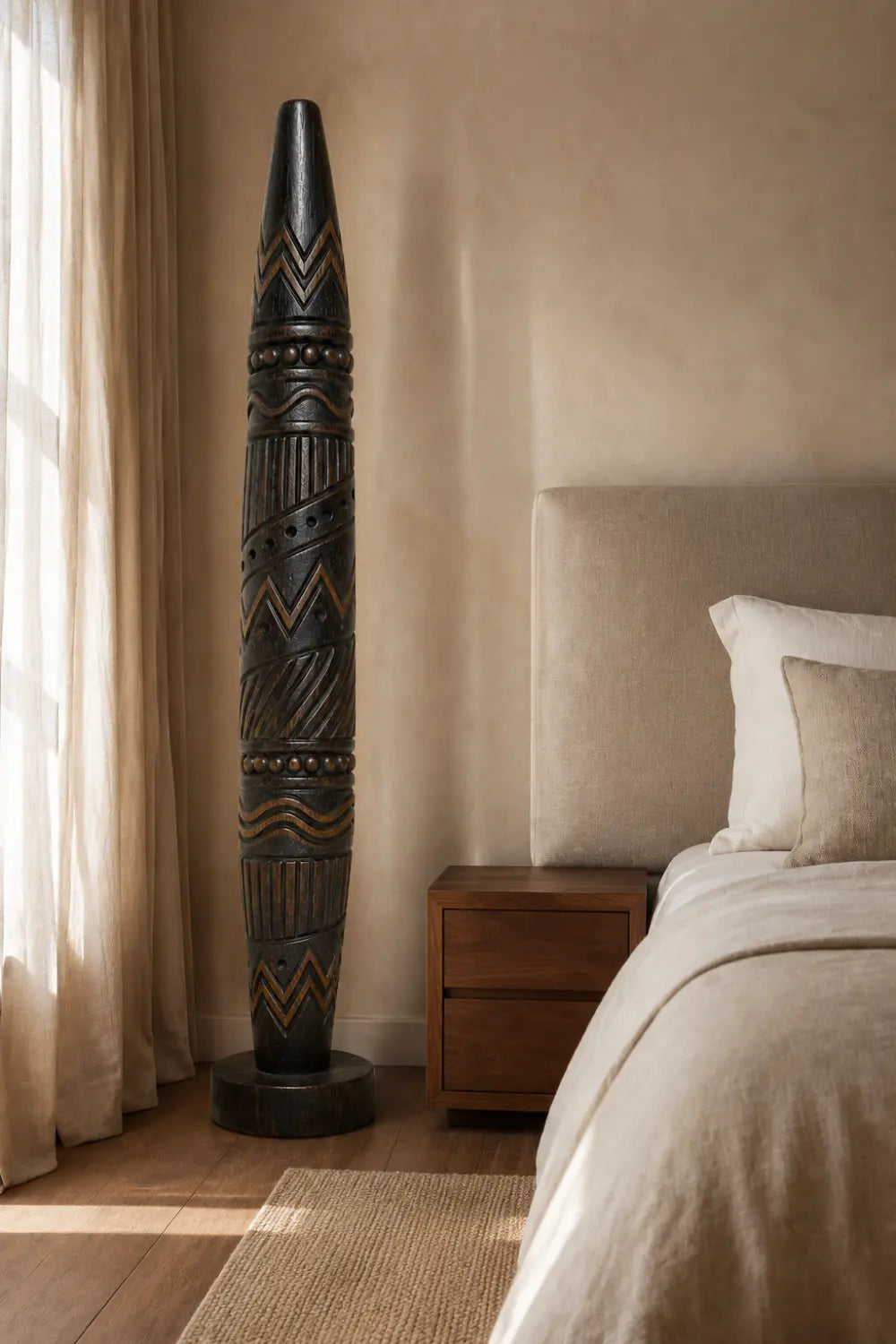 Large Freestanding Abstract Wooden Statue Ethnic Art Decor Tall Chevron Pillar For Living Space