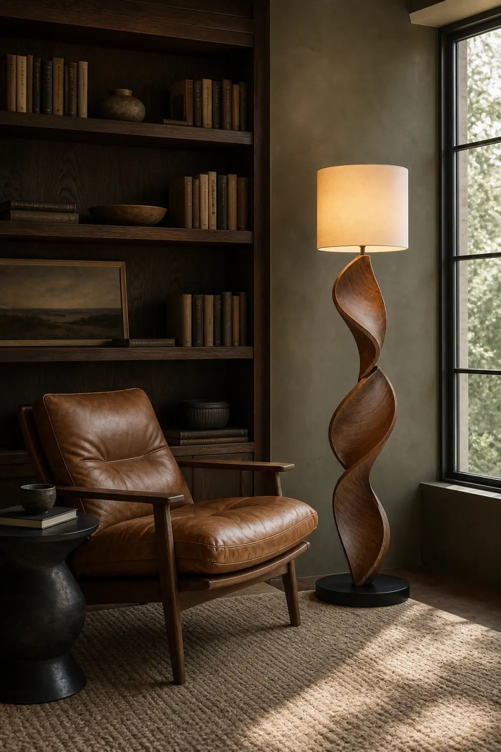 Sculptural Spiral Wood Lamp Handcarved From Premium Walnut For High End Interior Decor