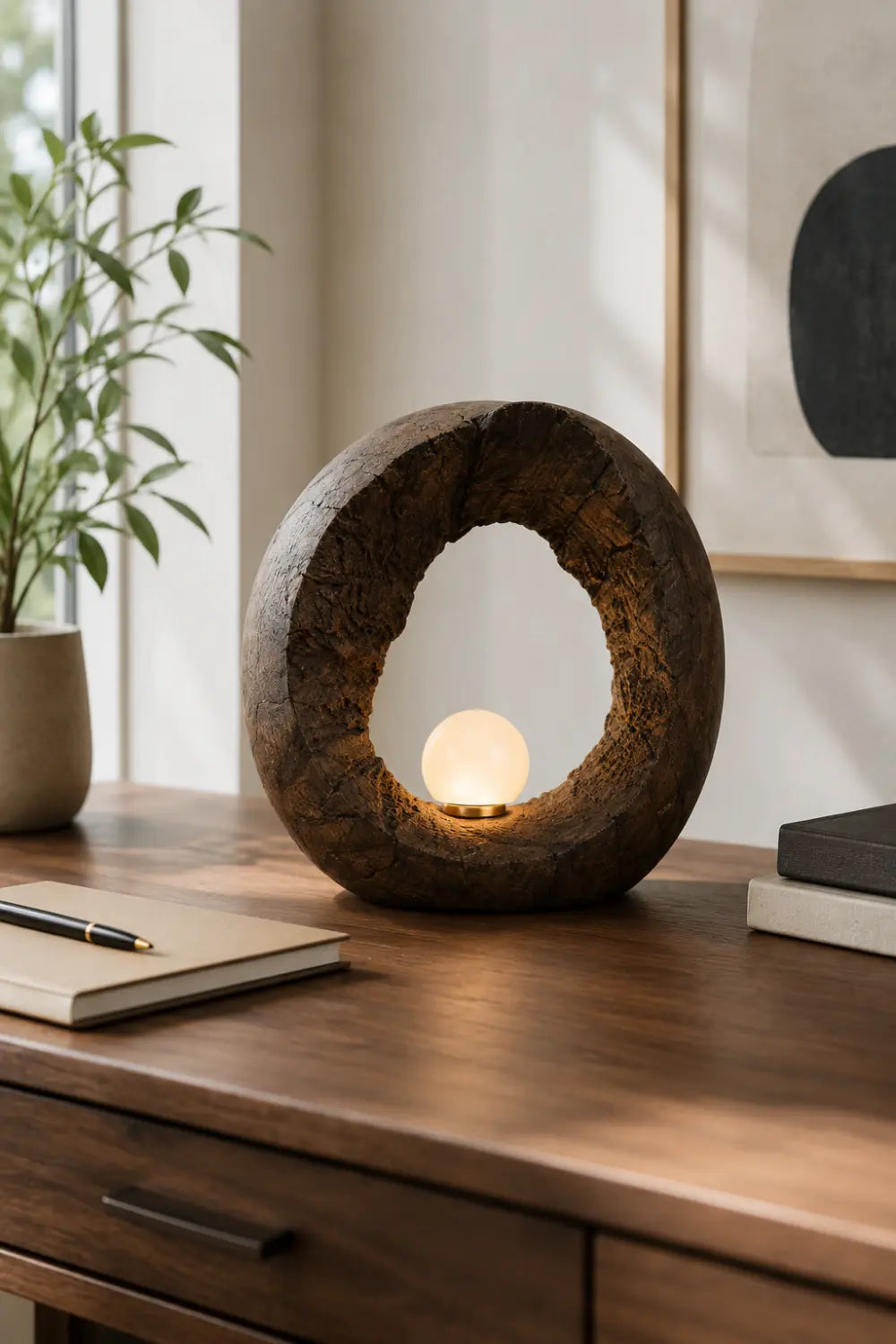 Handcrafted Wooden Table Lamp With Abstract Ring Shape For Modern Home Decor