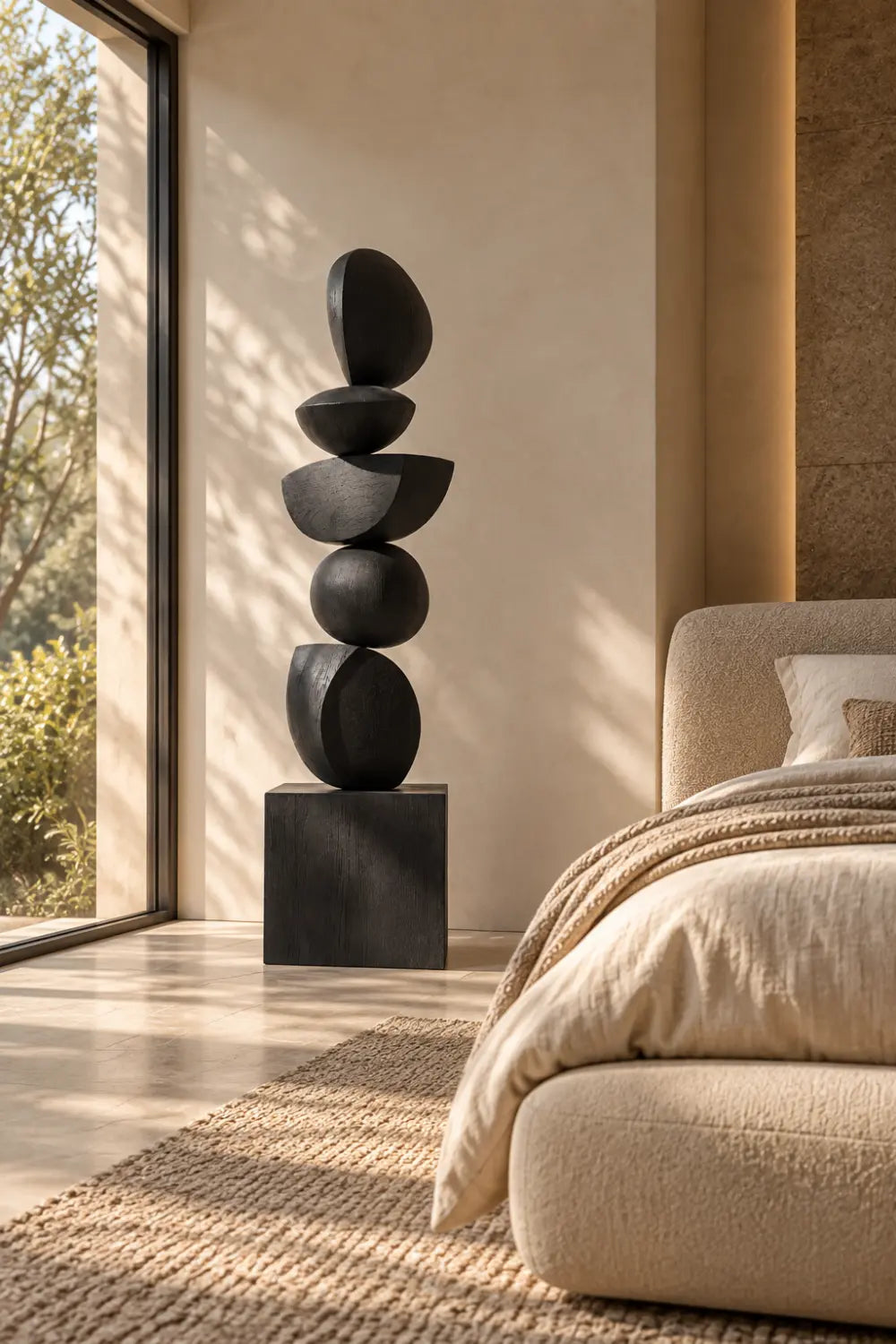 Large Black Wooden Abstract Sculpture For Modern Minimalist Home Decor And Living Room Accent