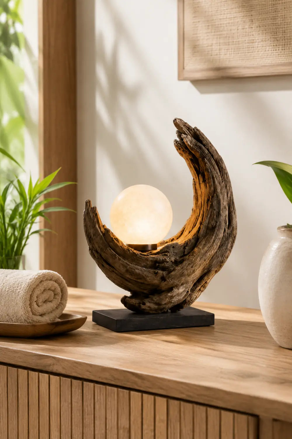 Handcrafted Wooden Sculpture Lamp Abstract Design For Living Room And Bedroom
