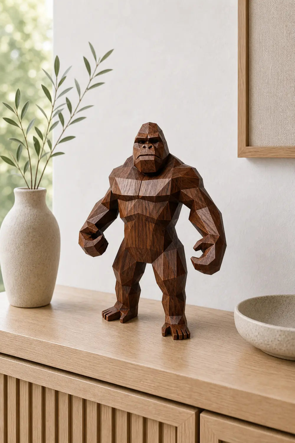 Hand Carved Wooden Gorilla Sculpture Modern Geometric Animal Decor For Living Room