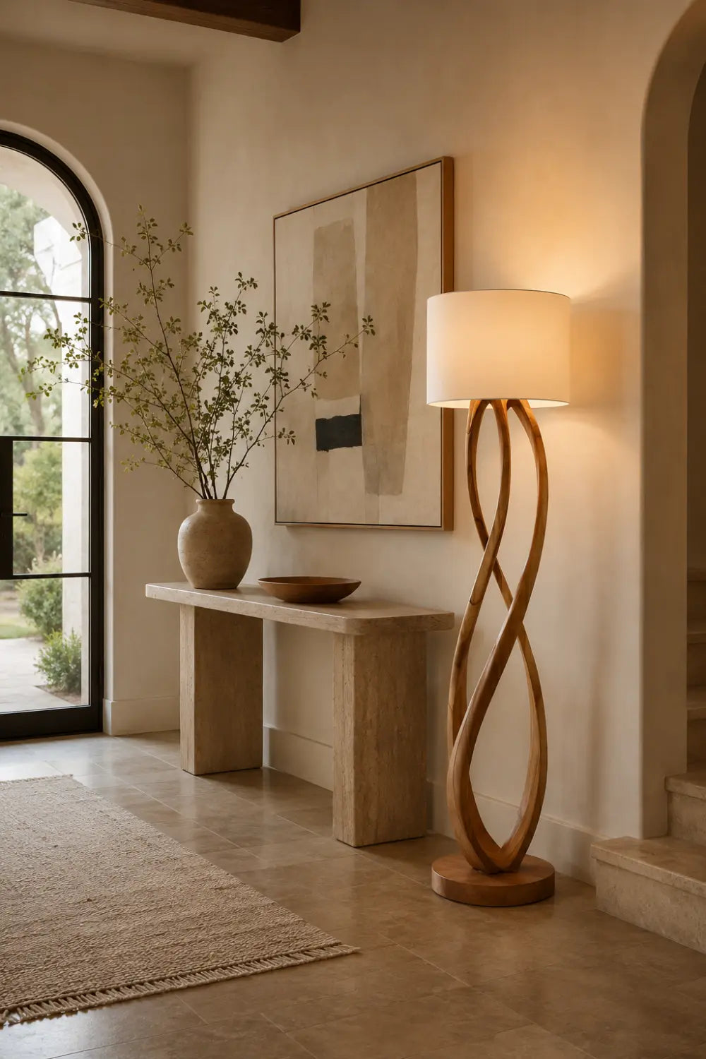 Sculptural Wooden Floor Lamp Abstract Twist Design Warm Light Fixture