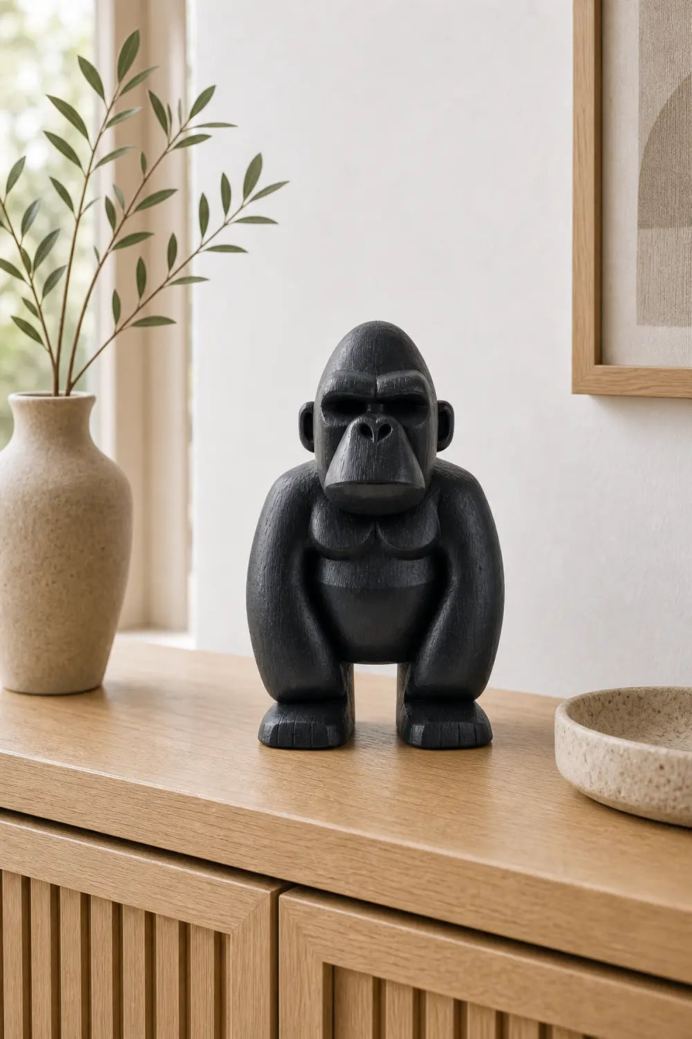 Hand Carved Black Gorilla Wood Sculpture Modern Abstract Animal Statue For Home Decor