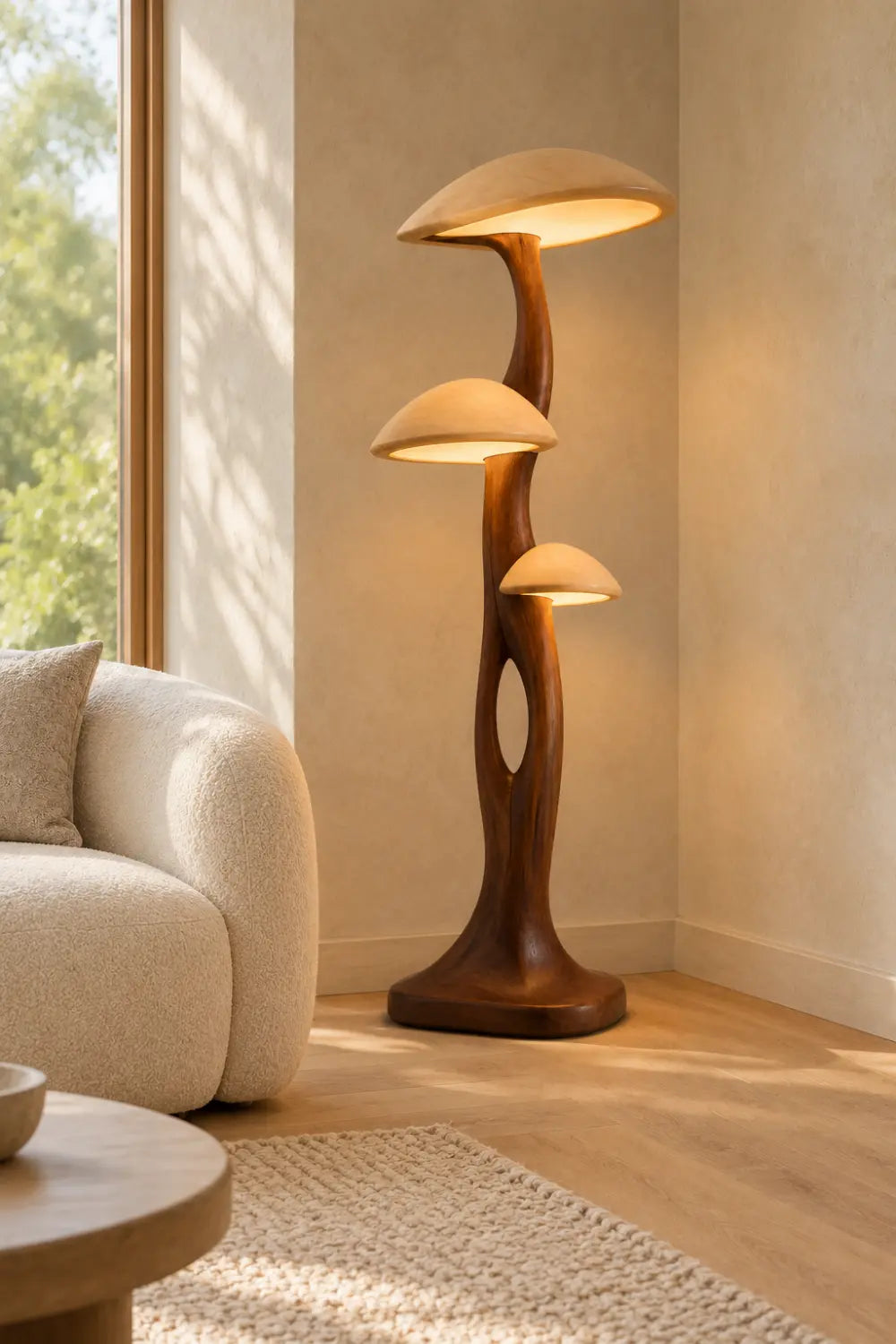 Hand-Carved Wooden Floor Lamp With Mushroom Shades For Modern Living Rooms