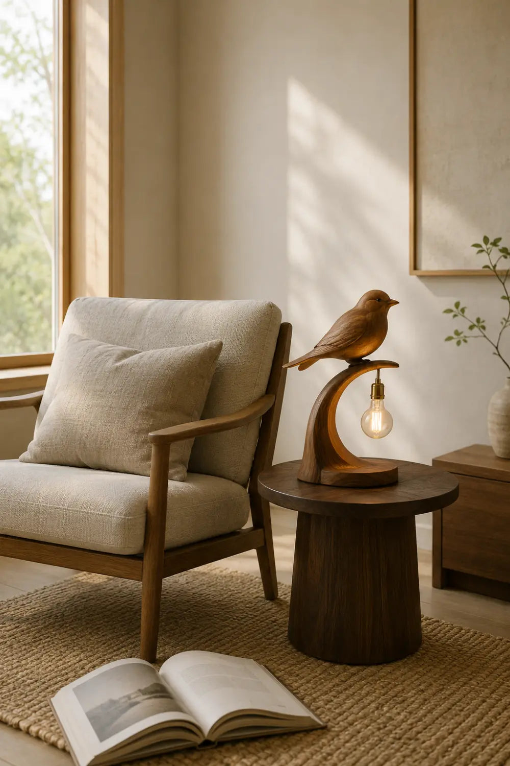 Hand Carved Walnut Bird Table Lamp Modern Organic Lighting Decor