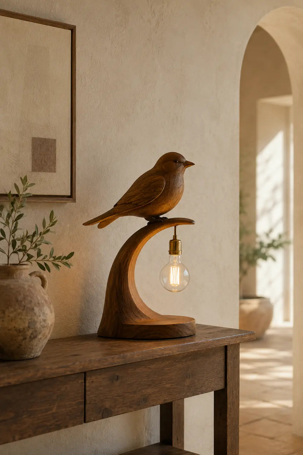 Hand Carved Walnut Bird Table Lamp Modern Organic Lighting Decor