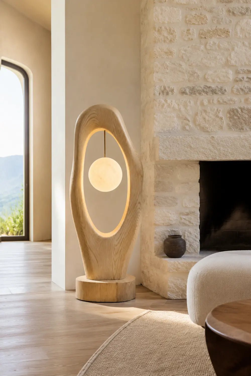 Abstract Sculptural Wood Floor Lamp With Hanging Orb Light As Artistic Home Decor Piece