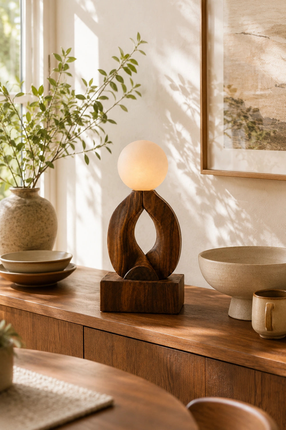 Hand Carved Wooden Art Lamp Sculptural Lighting Fixture Natural Walnut Finish Home Accent