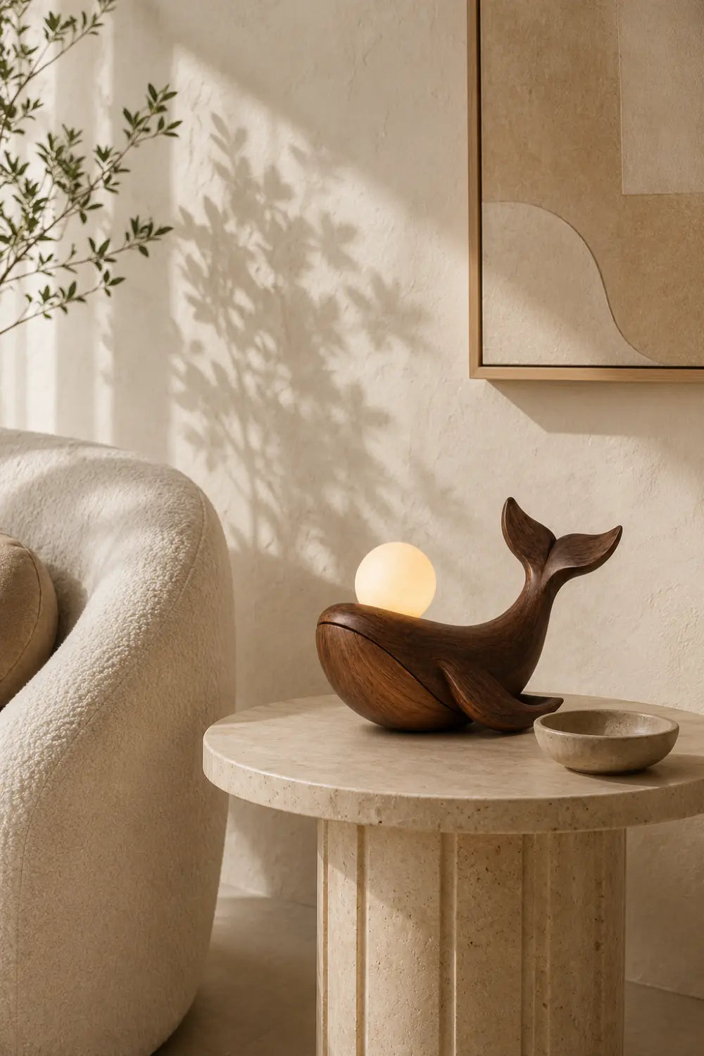 Solid Walnut Whale Sculpture Lamp Hand Carved Natural Wood Grain Tabletop Lighting
