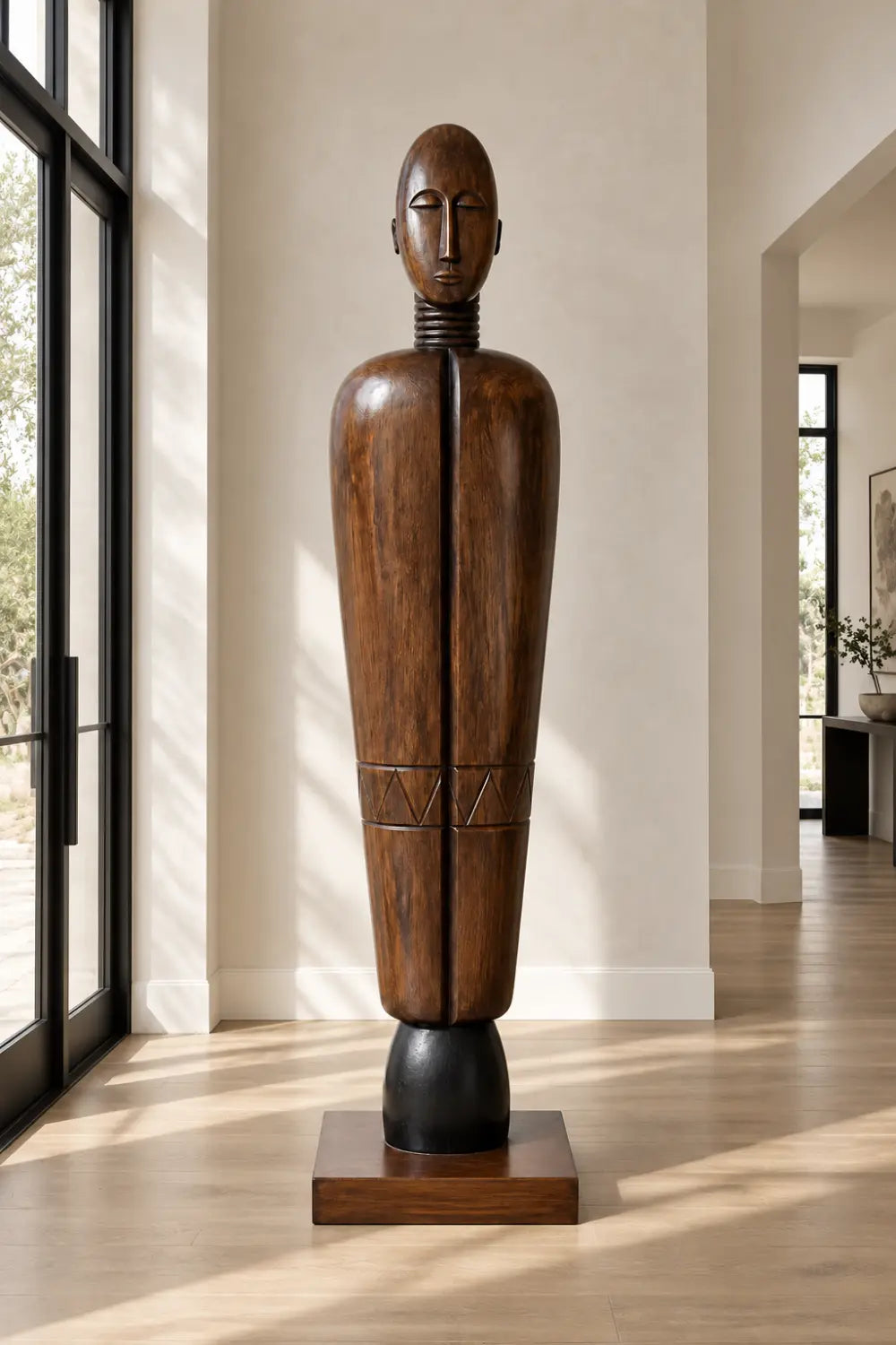 Large Freestanding Wooden Statue Vertical Abstract Human Form Art Piece For Lobby