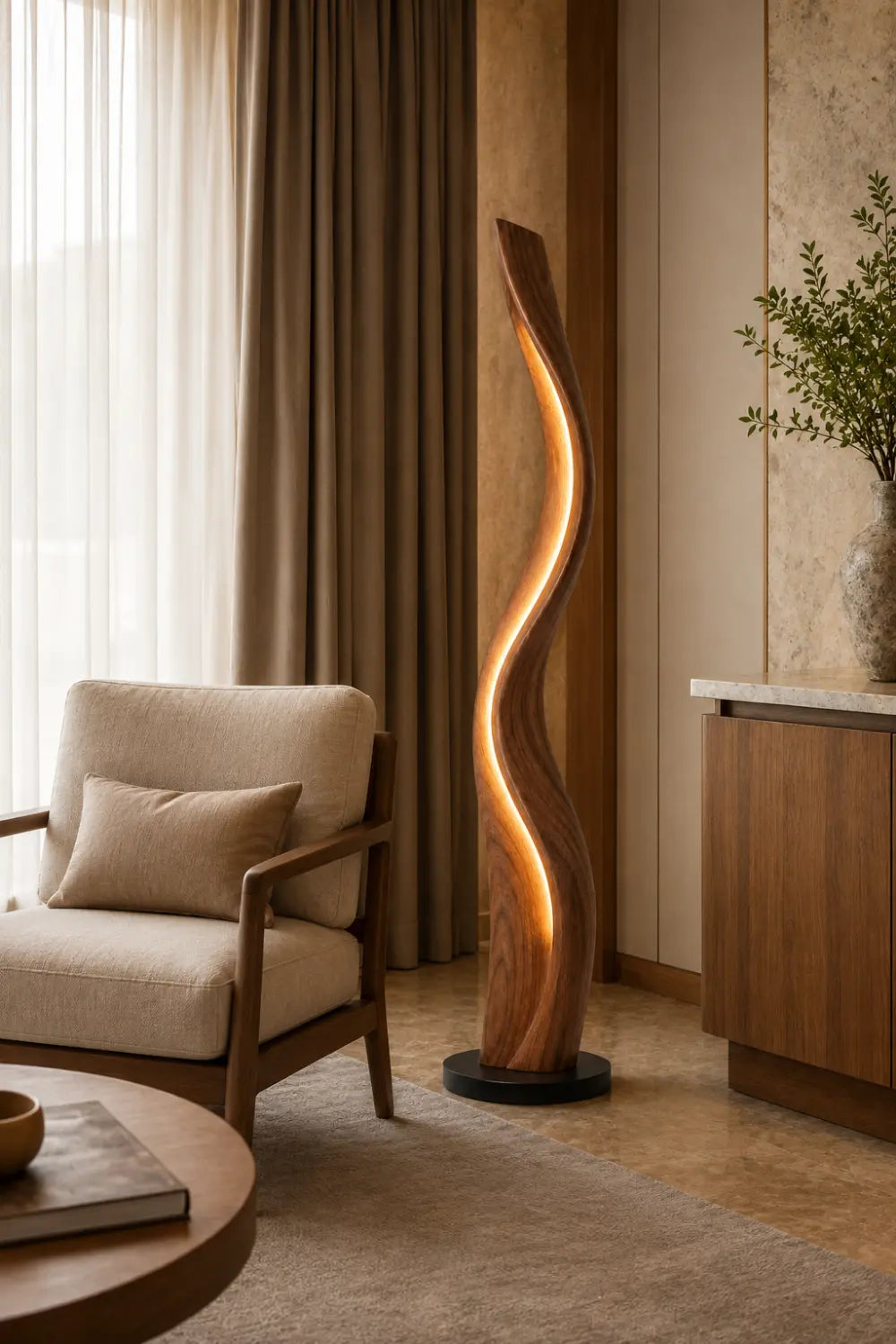 Organic Sculptural Wood Floor Lamp Twisted Design Warm White Light Home