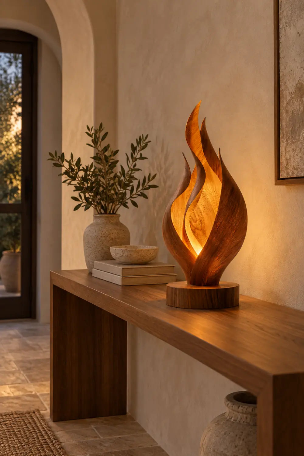 Abstract Wooden Flame Table Lamp Hand Carved Walnut Desk Light For Modern Home Decor