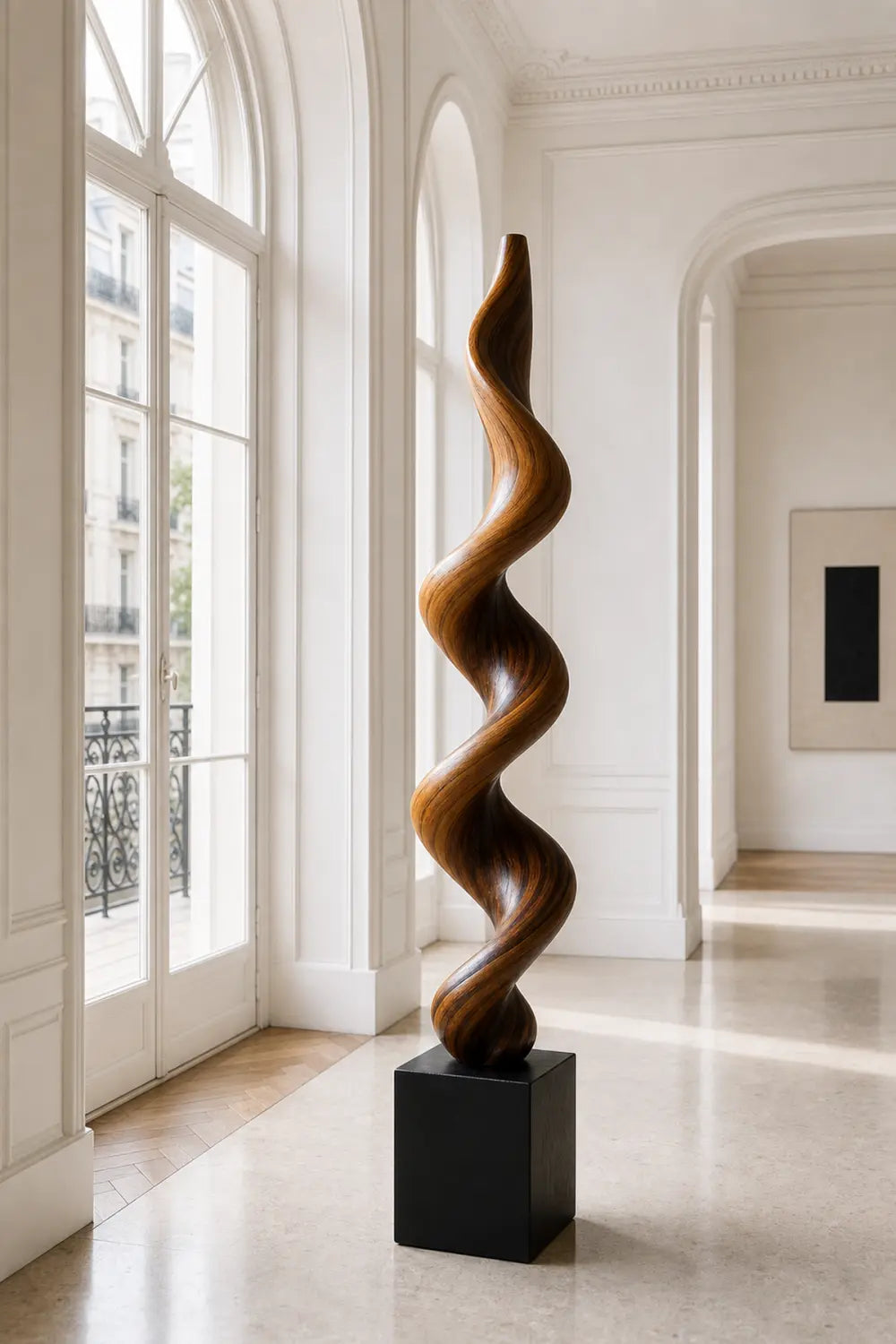 Large Hand-Carved Walnut Wood Spiral Sculpture For Modern Abstract Home Decor