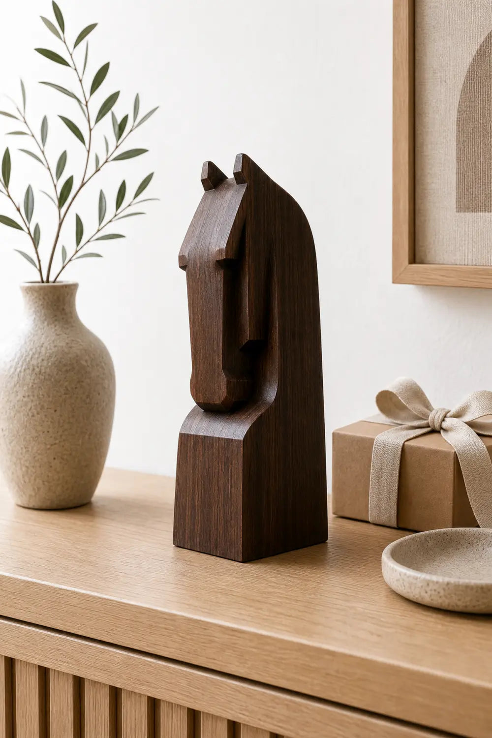 Hand Carved Minimalist Wood Horse Statue Unique Gift Animal Wooden Sculptures