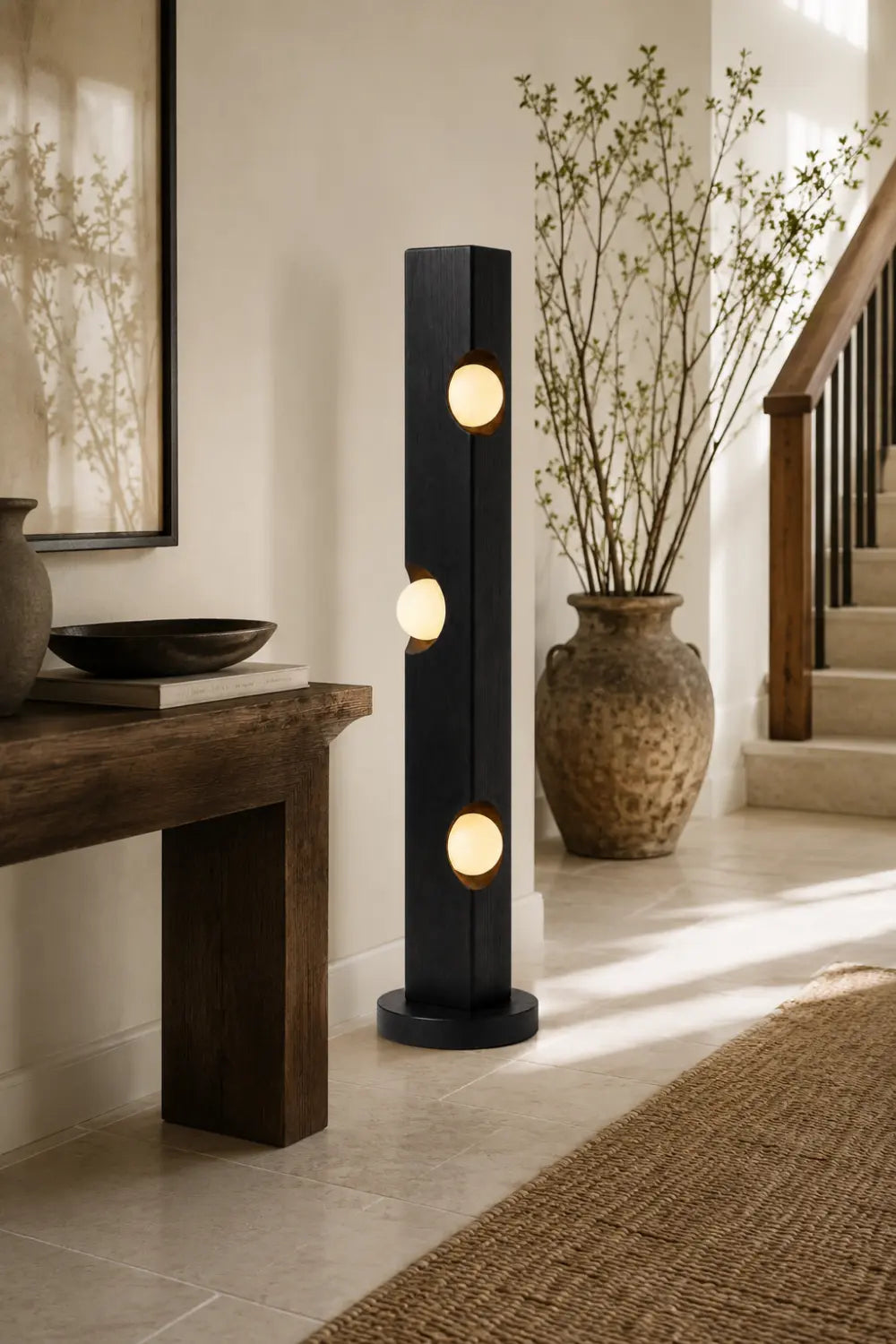 Sculptural Wooden Floor Lamp Abstract Black Timber Light Fixture For Art Gallery Style Home Interiors