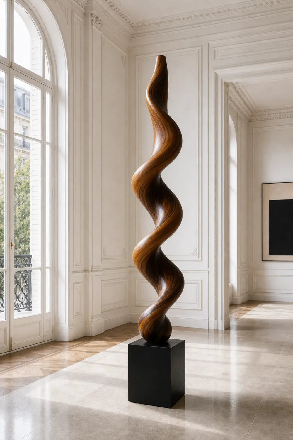 Large Hand-Carved Walnut Wood Spiral Sculpture For Modern Abstract Home Decor