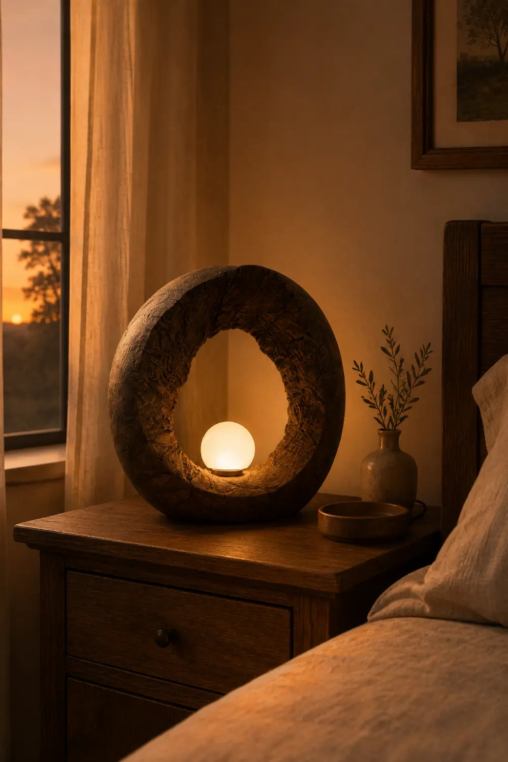 Handcrafted Wooden Table Lamp With Abstract Ring Shape For Modern Home Decor