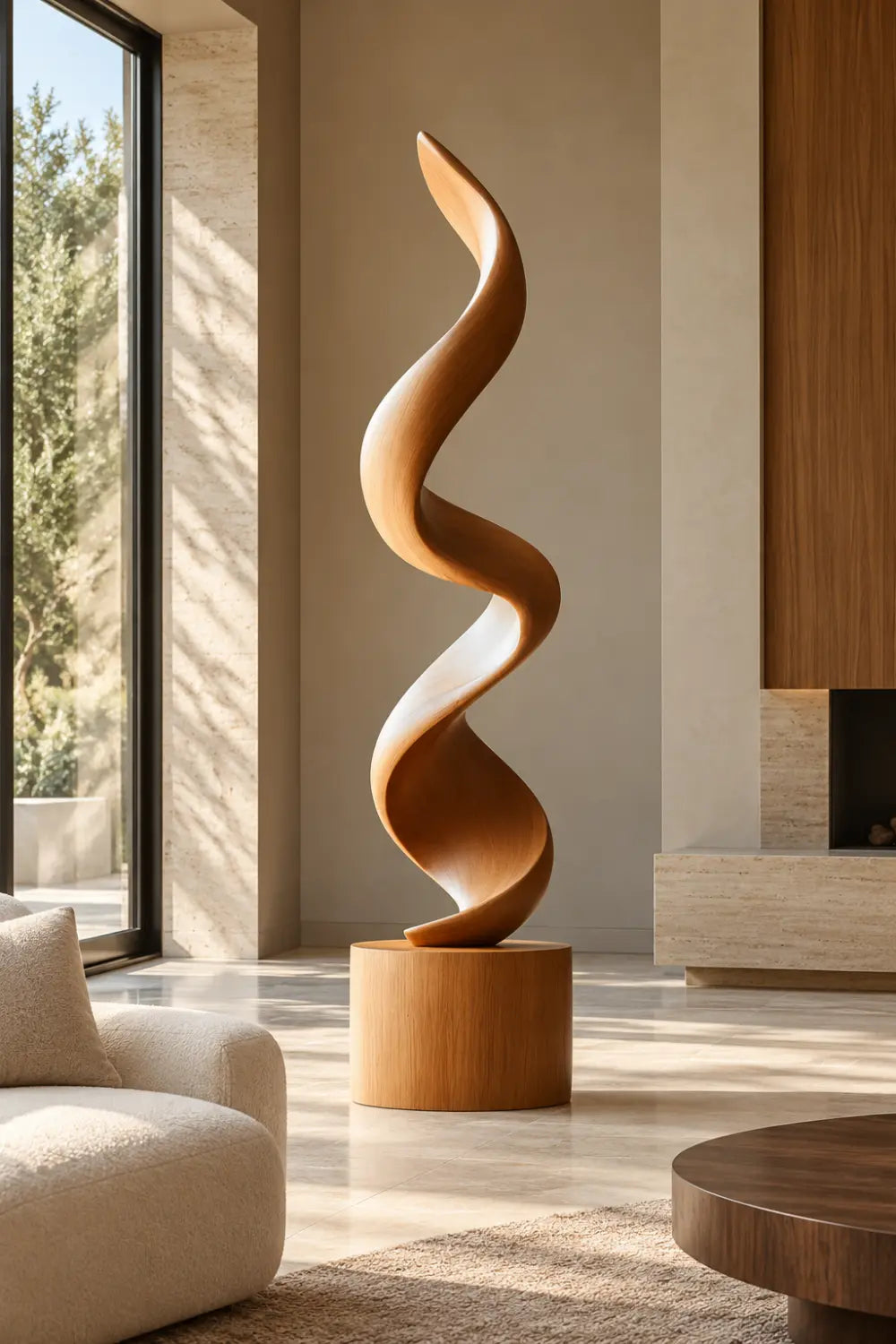 Large Spiral Oak Wood Sculpture Modern Abstract Floor Standing Statue For Home Decor
