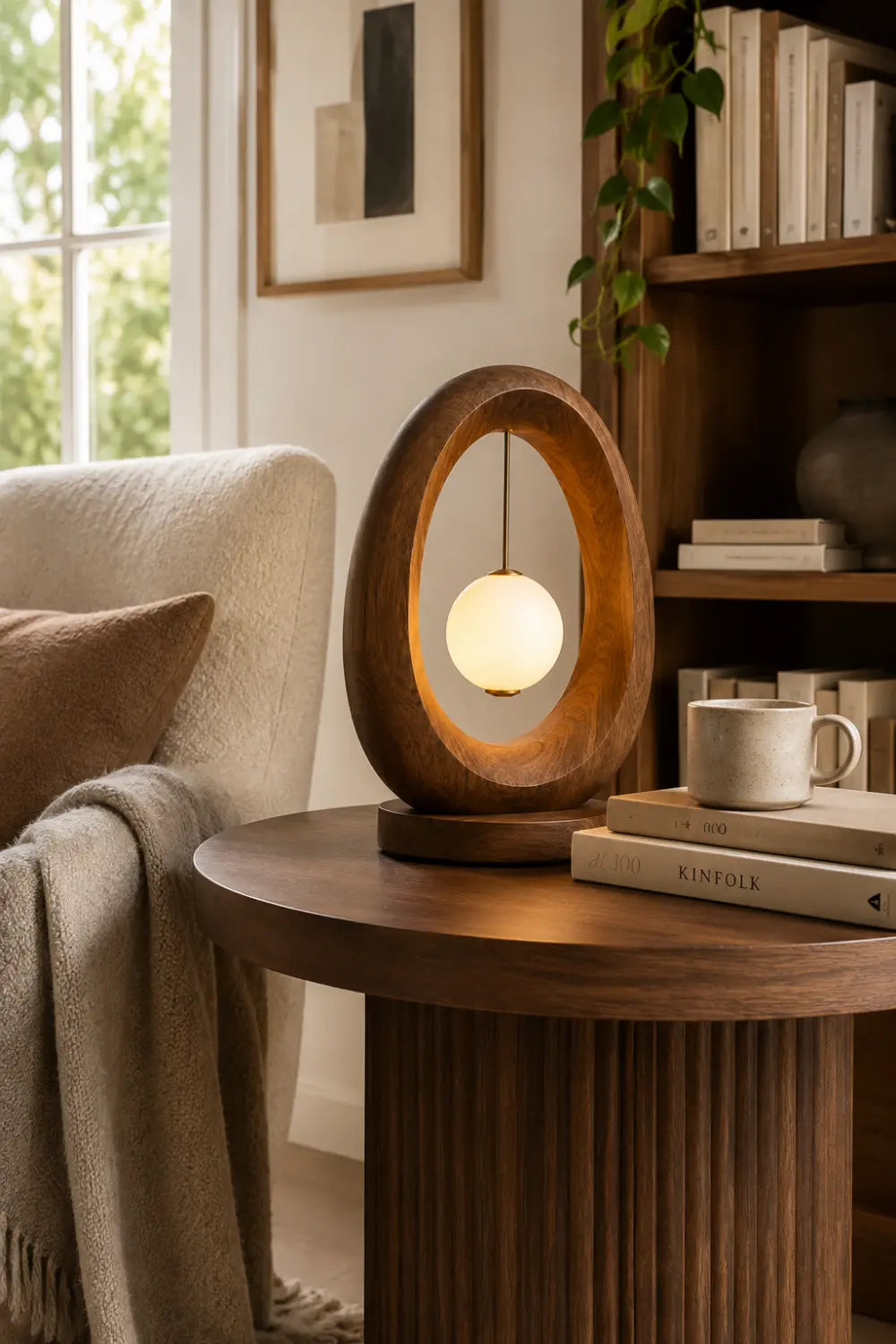 Minimalist Oval Wood Table Lamp | Elliptical Hanging Orb Desk Light For Space Decor