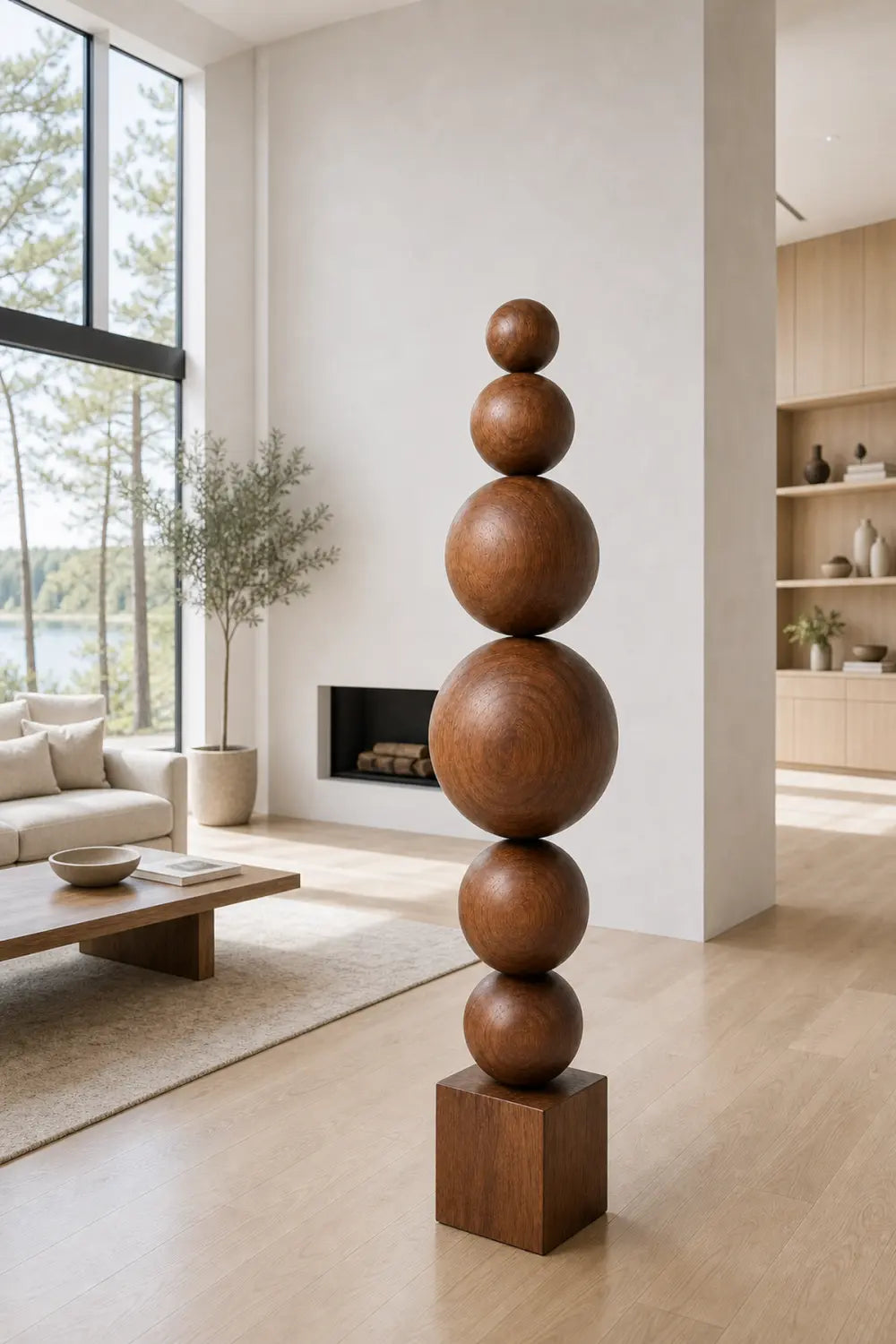 Handcrafted Minimalist Wood Sphere Sculpture Large Geometric Floor Art For Modern Home Decor