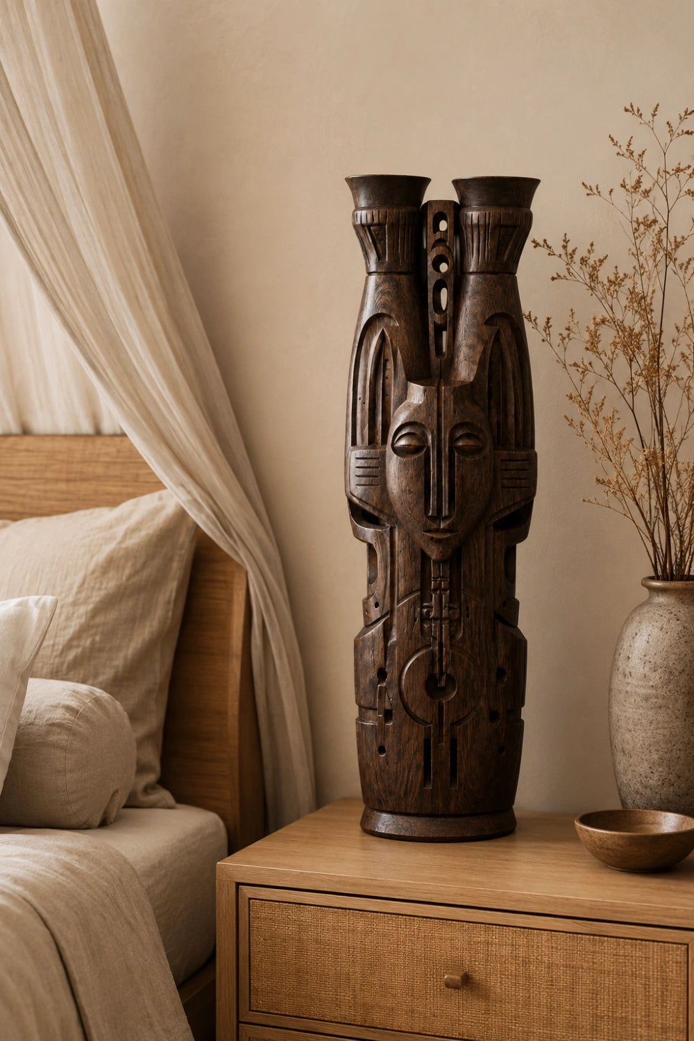 Hand-Carved African Tribal Wooden Floor Vase Large Abstract Sculpture For Modern Home Decor