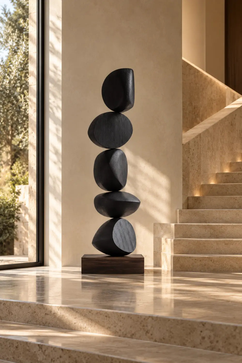 Large Black Abstract Wood Sculpture For Modern Home Decor