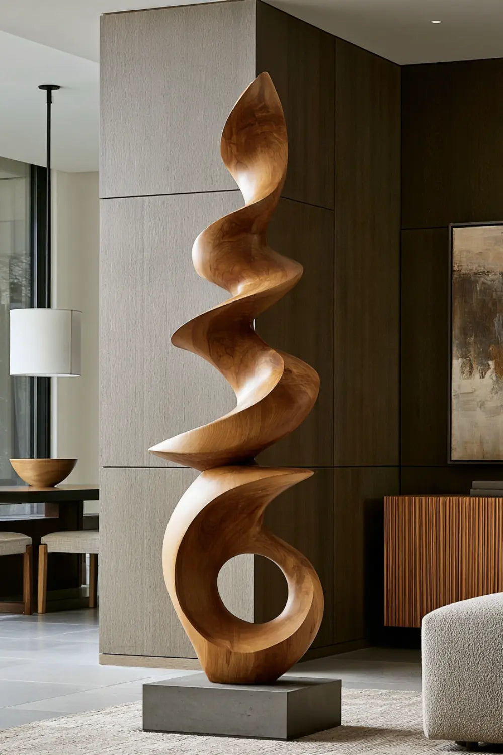 Large Spiral Wood Floor Sculpture | Abstract Open Ring Statue For Living Space