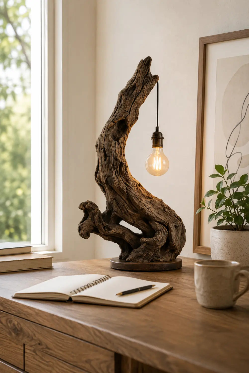 Natural Reclaimed Wood Log Table Lamp | Exposed Filament Bulb Lantern For Space Decor