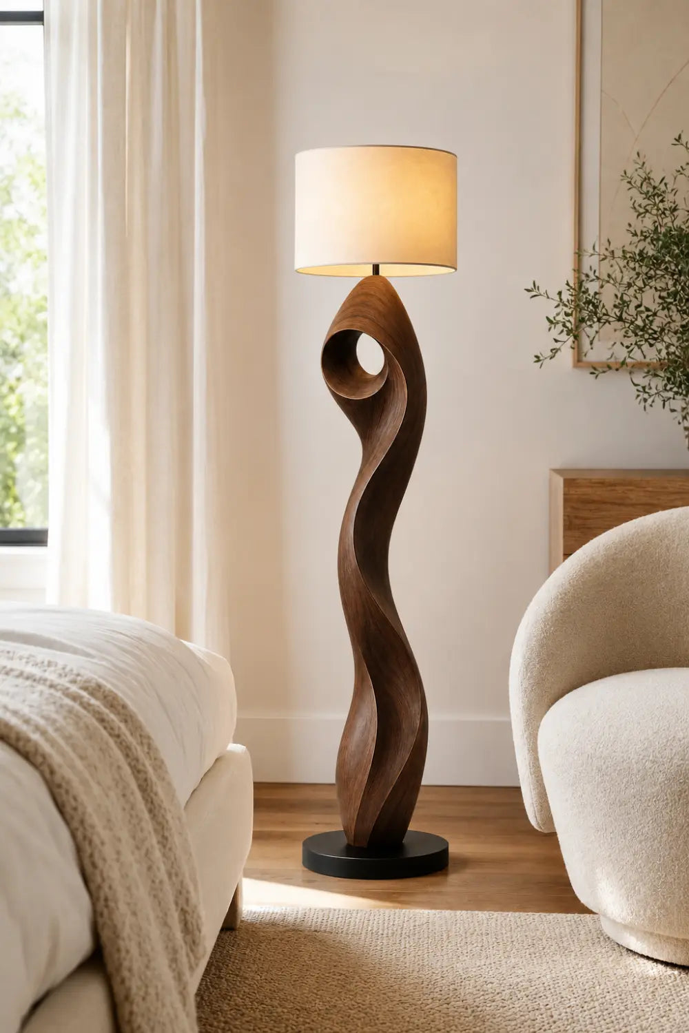 Modern Sculptural Floor Lamp In Natural Walnut Finish For Minimalist Interior Design Spaces