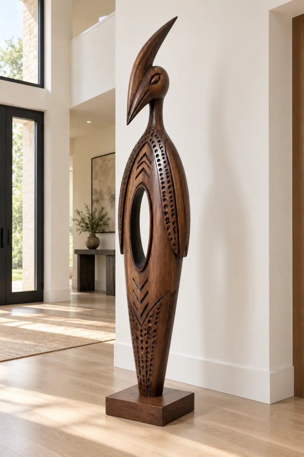 Large Abstract Wooden Bird Statue Modern Floor Sculpture For Home Office