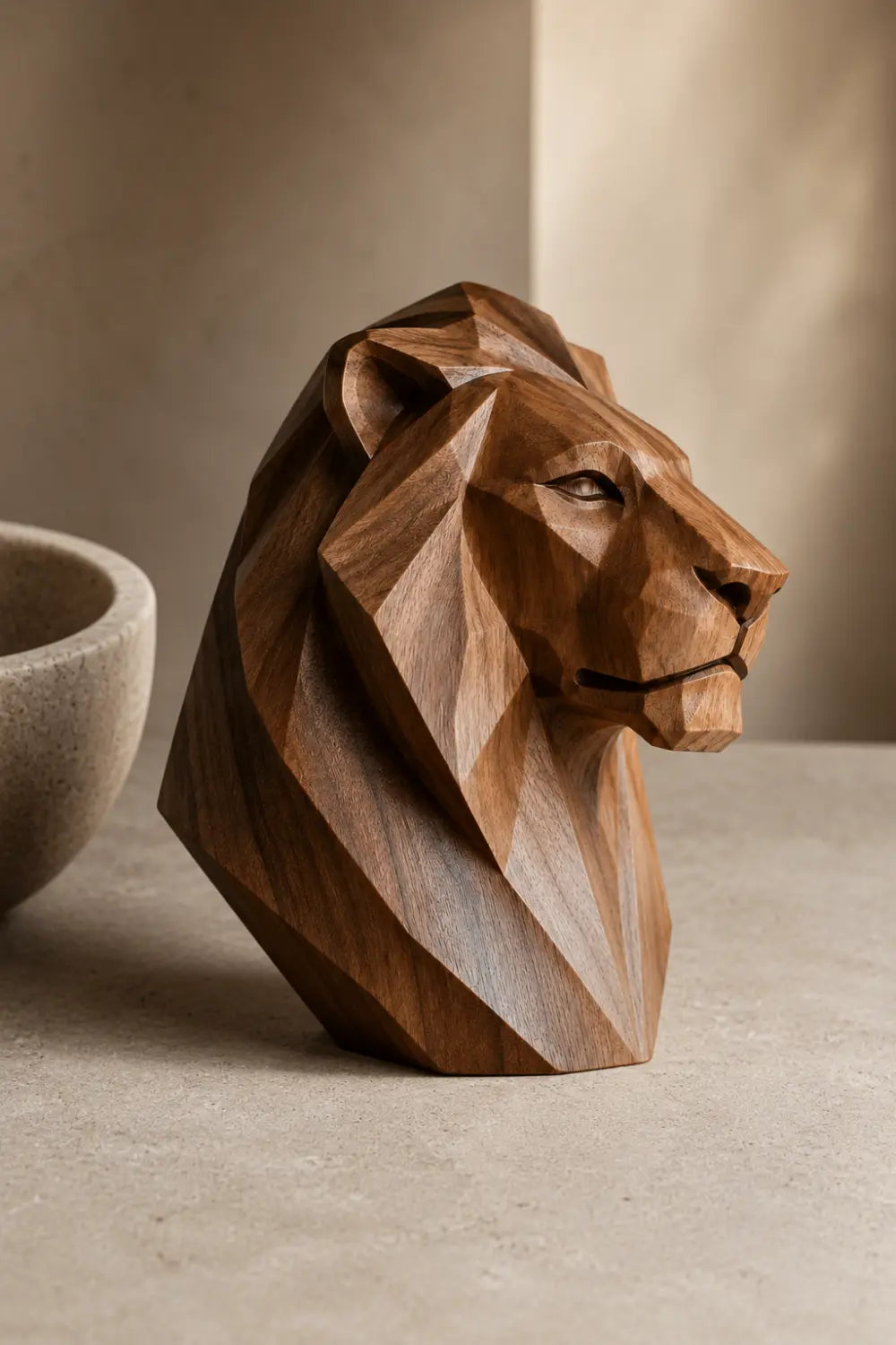 Hand-Carved Geometric Lion Head Sculpture In Walnut Wood For Modern Home Decor