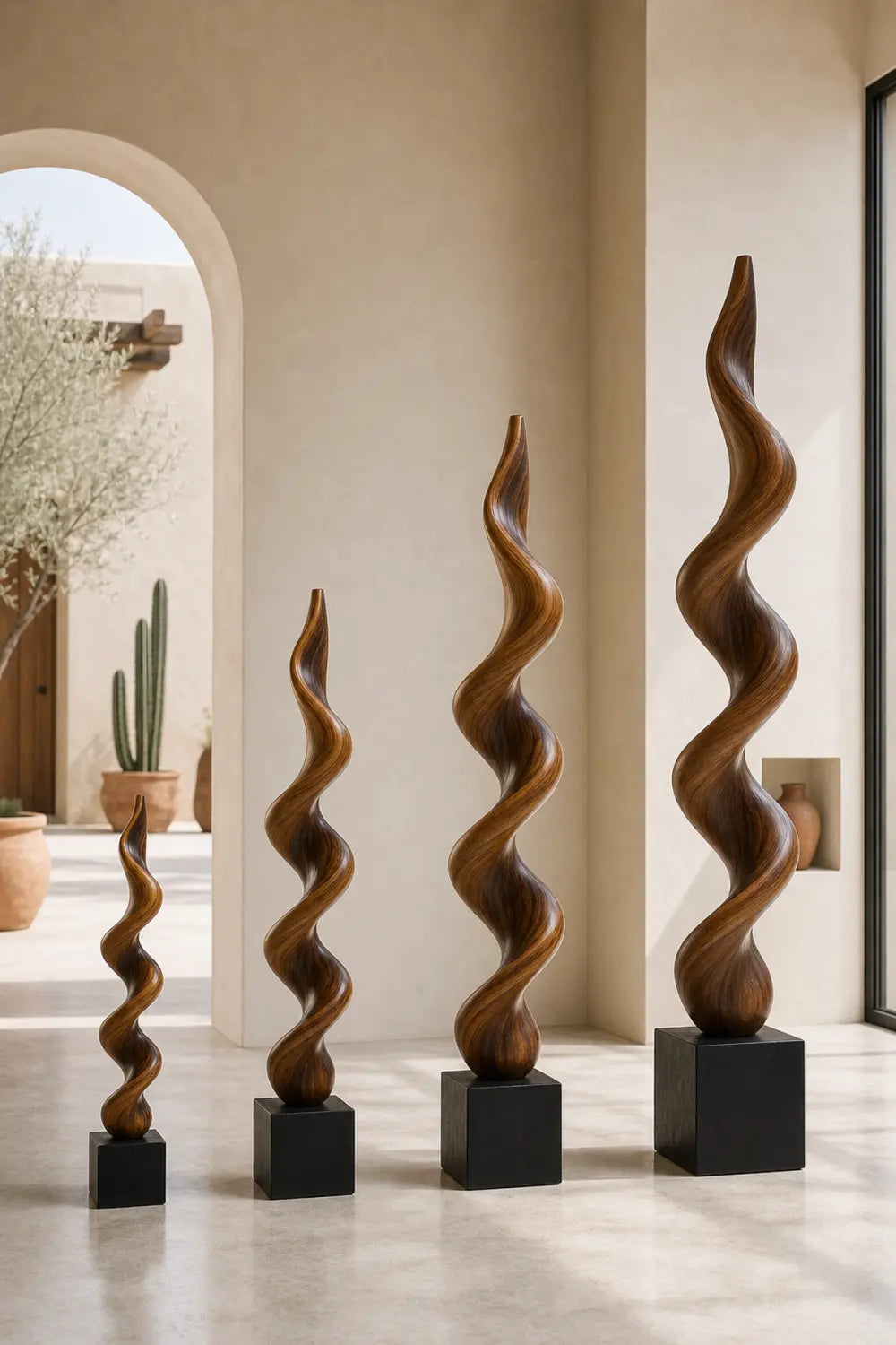 Large Abstract Walnut Wood Spiral Sculpture For Modern Home Decor And Gallery Display