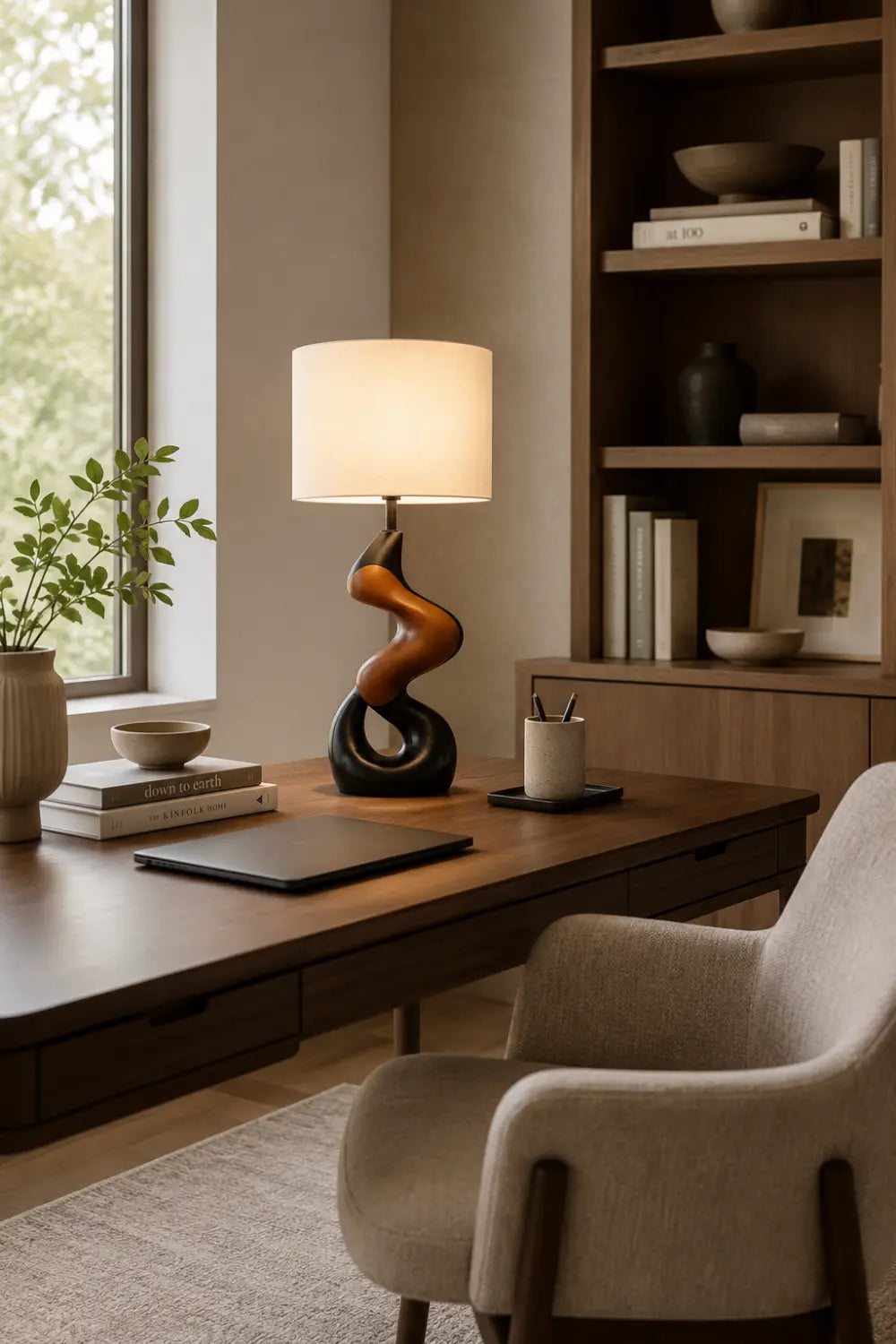 Artistic Twisted Wood Desk Lamp Creating Warm Ambiance In Study Or Office Space