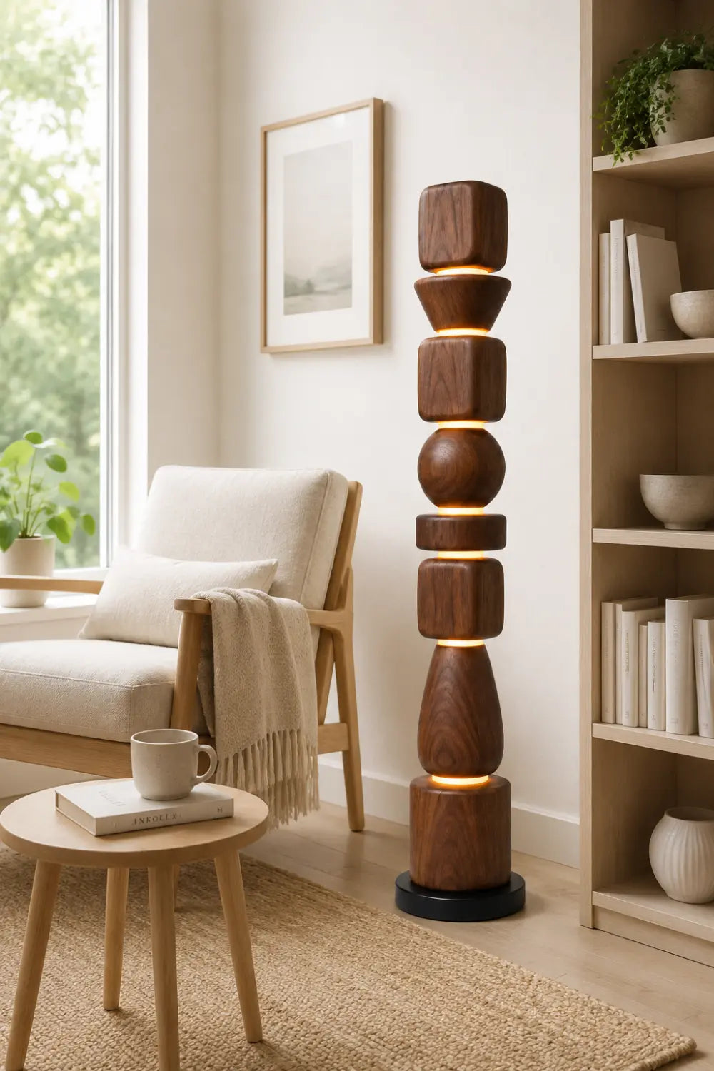 Sculptural Wooden Lamp Abstract Geometric Totem Style Lighting Fixture For Luxury Home Interiors